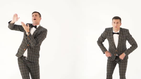 doubles in checkered suits are depicting different body movements and facial expressions
