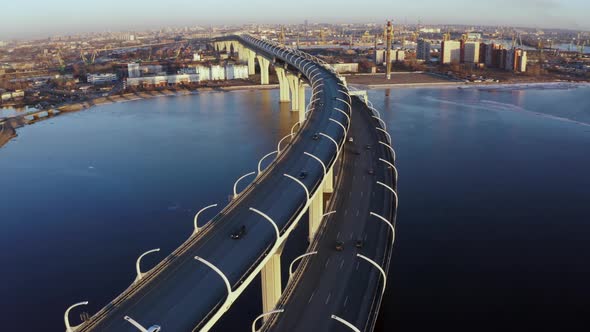 Drone Top View of ZSD Bridge Motorway with Speeding Trucks and Cars