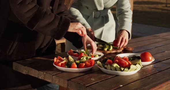 Camping, Slicing Vegetables For Salad
