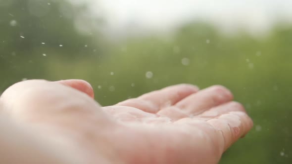 Raindrops fall on a hand