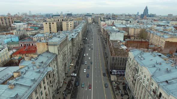 Aerial View of Traffic on Tverskaya Street Near the Moscow Kremlin