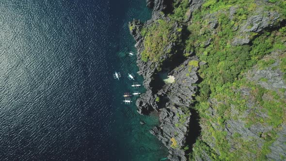 Top Down Green Rock Island Harbor with Passenger Boats Aerial View alt