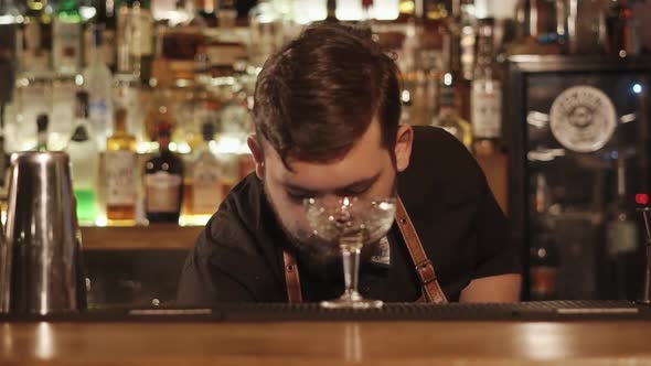 Barman Is Putting Ice Cubes in a Glass on a Bar Counter