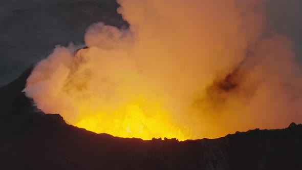 Drone Of Volcano Erupting With Smoke And Molten Lava