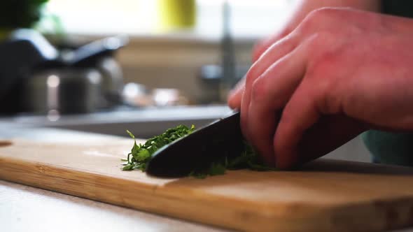 Young male chef is chopping parsley on a wooden chopping board, preparing a vegetarian and vegan mea