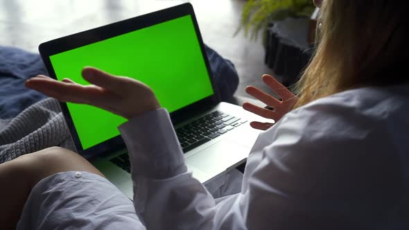 Green Screen Video Call on Computer Woman Sit on Bed and Talk with Gesture