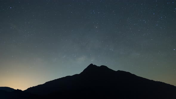 Milky Way galaxy exploration through outer space towards glowing milky way galaxy.