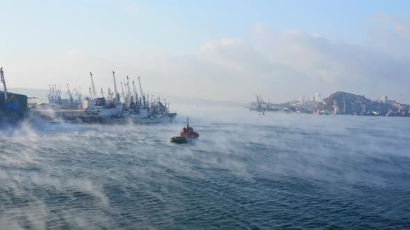 The Surface of the Sea in the Golden Horn Gulf Soars on a Very Cold Winter Day