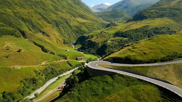 Flight Over Furkapass in Switzerland  the Famous High Mountain Road