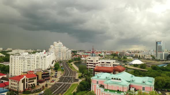 Panoramic View of the Historical Center of Minsk Before a Thunderstorm