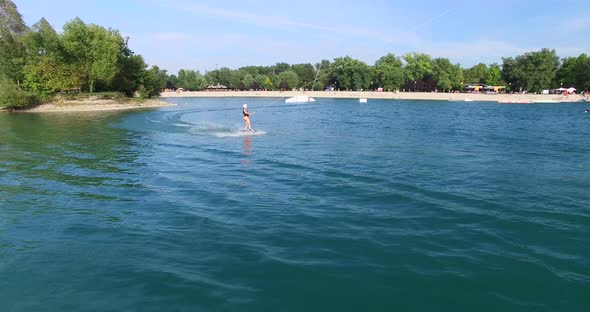 Woman wakeboarding at Wake Park in Zagreb, Croatia Jarun