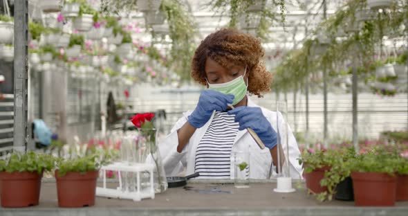 Woman Agronomist in Protective Equipment Doing Experiment in Greenhouse