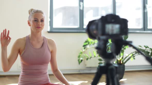 Woman or Blogger Recording Gym Yoga Class Video