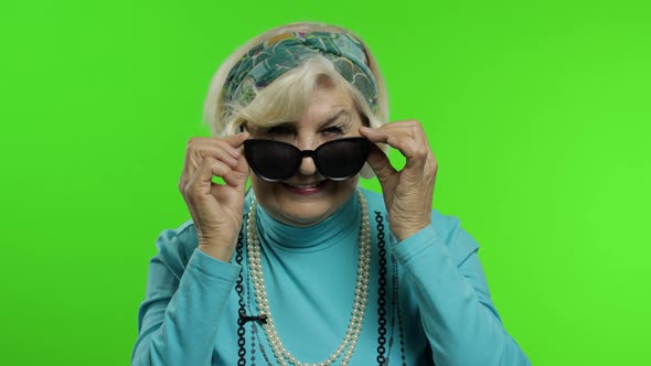 Elderly Stylish Trendy Grandmother. Caucasian Woman Posing. Chroma Key