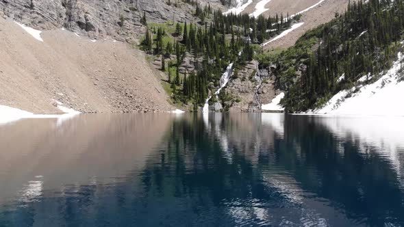 Blue Mountain Lake Waterfall Reflection Drone Shot