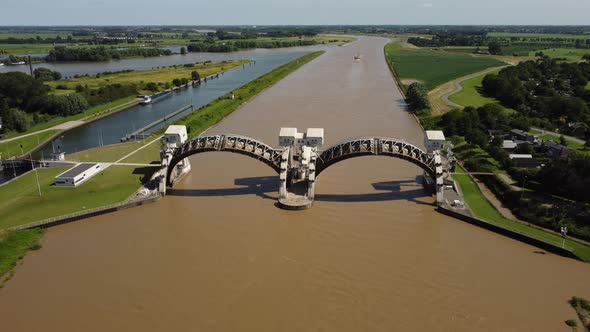 Lock and weir In Dutch River Lek Called Sluice Hagestein, aerial