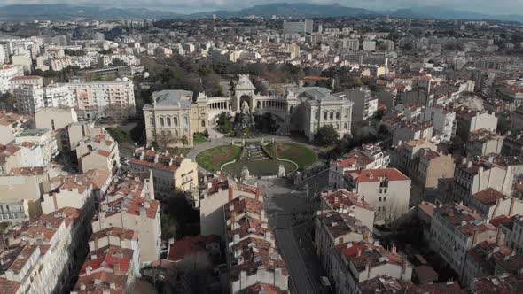 Aerial view of Palace Longchamp with cascade fountain in the heart of Marseille