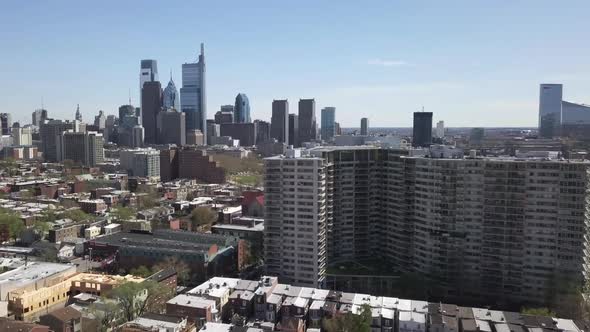 drone shot of Philadelphia skyline.