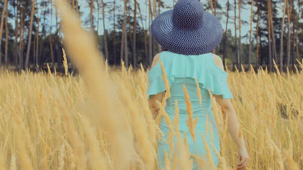 Rear View of Young Woman in Dress and Hat Standing in Wheat Field