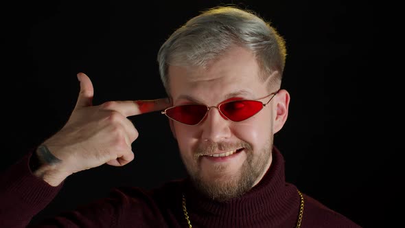 Frustrated Man Tired of Life Shooting Into Head with Finger Pistol Suicide Gesture Killing Himself