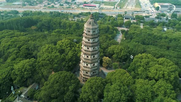 Aerial View of Leaning Yunyan Pagoda of Tiger Hill