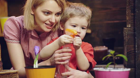 Child Boy Helps Mother To Care for Plants Flowers. Mom and Son Gardening at Home. Happy Family.