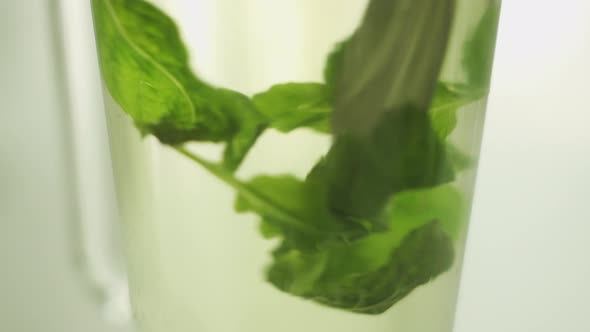 Spoon stirring water with mint leaves in a glass - close up