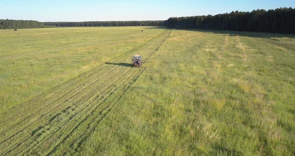 Tractor with Mower Cuts Grass for Hay Driving Along Field