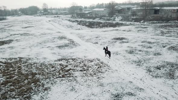 Aerial Shot of Brunette Woman Rides a Beautiful Black Horse on a Field or Snowcovered Farm in Winter