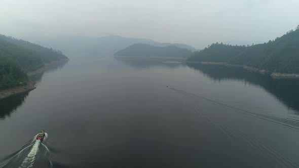 Flight In Fog Over River With Ships 