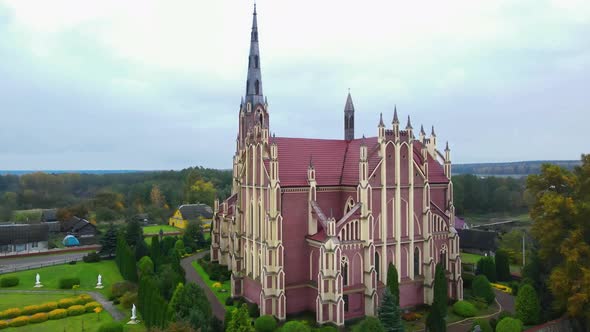 Aerial view over The Church in the agro-town Gervyaty, Grodno region, Belarus.