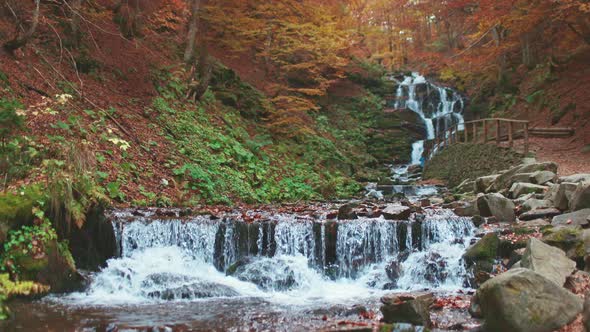 Beautiful Waterfall Shipot Closeup in the Autumn Forest