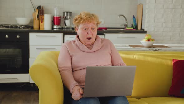 Elderly Woman Sitting on the Couch in the Living Room Has the Laptop in Her Hand