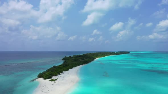 Aerial top view sky of perfect resort beach voyage by blue ocean with white sand background of a pic