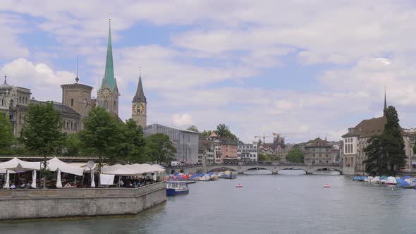 Impressive Views of the Towers of the Churches of Fraumunster and St. Peter From the Limmat River in