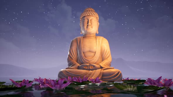 Buddha Statue Above The Lotus Lake In The Night