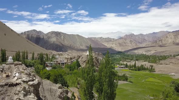 Establishing shot of small farming village in Ladakh, India - Jammu and Kashmir. Tibetan Himalaya