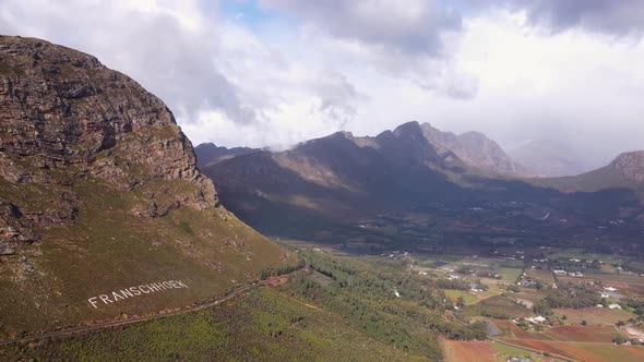 Franschhoek pass and valley with centuries-old vineyards; aerial