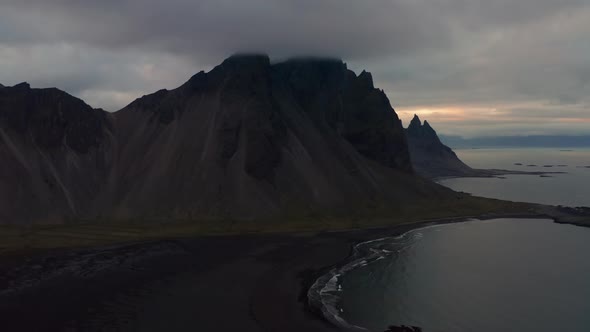 Drone Above Black Sand Beach With Vestrahorn Mountain