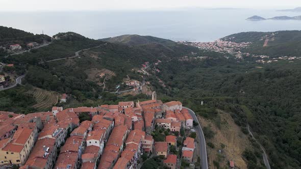 Aerial view of Marciana, a small town on the hilltop, Elba Island, Italy.
