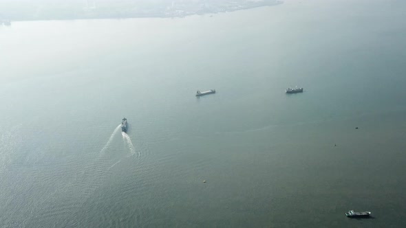 Aerial view ferry sail at the sea with ship 