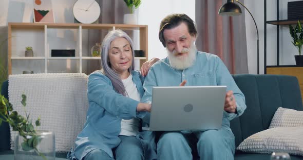 Senior Couple Sitting on the Couch at Home During Video Call with Friends Using Computer