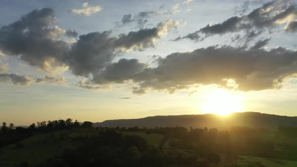 Sunset rural landscape aerial view. Nature scenery