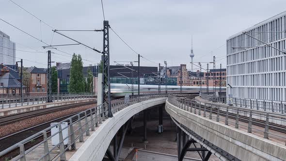 Time Lapse of the moving trains with television tower in Berlin, Germany