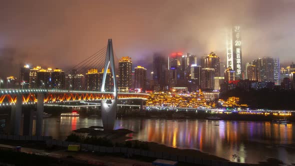 Chongqing Hongyadong Night Cityscape China Timelapse Pan Up