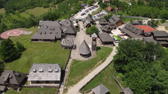 Drvengrad on Mecavnik Hill, Mokra Gora, Serbia. Aerial View of Kustendorf Timber Town