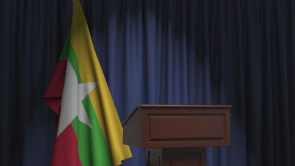 National Flag of Myanmar and Speaker Podium Tribune