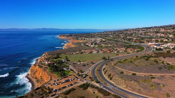 Aerial drone shot of the beach and Pacific ocean in Rancho Palos Verdes.