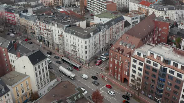 Aerial View of Cars and Trucks in Busy City Traffic Lines in Hamburg City Center