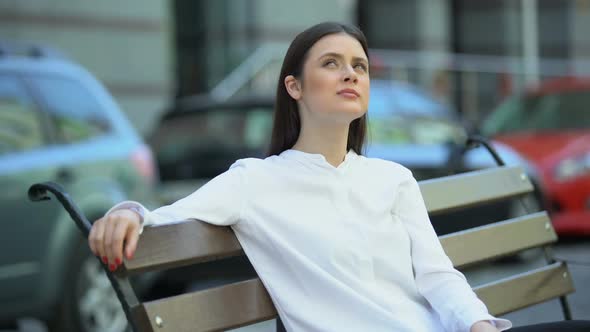 Female Woman Enjoying Work Brake Sitting on City Street Bench Relax